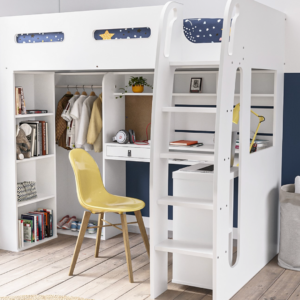 High Sleeper Loft Bed with Desk and Wardrobe in Carter white